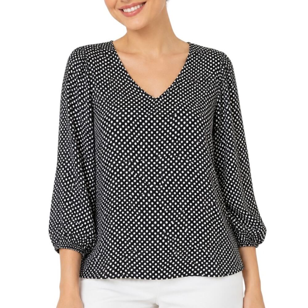 Como Black Crepe Blouse Black White Polka Dot V-Neck Women Medium NWT